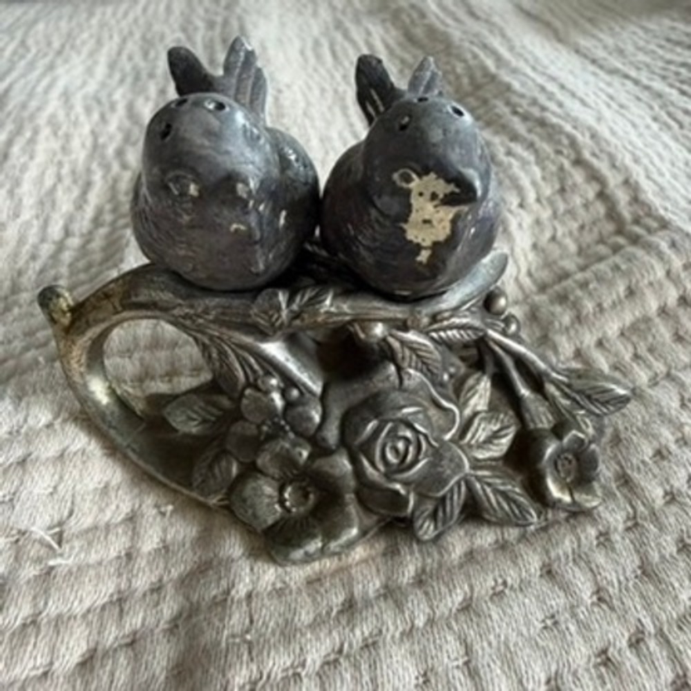 Vintage Japan Silver Plate Love Bird Salt Pepper Shakers Floral Branch